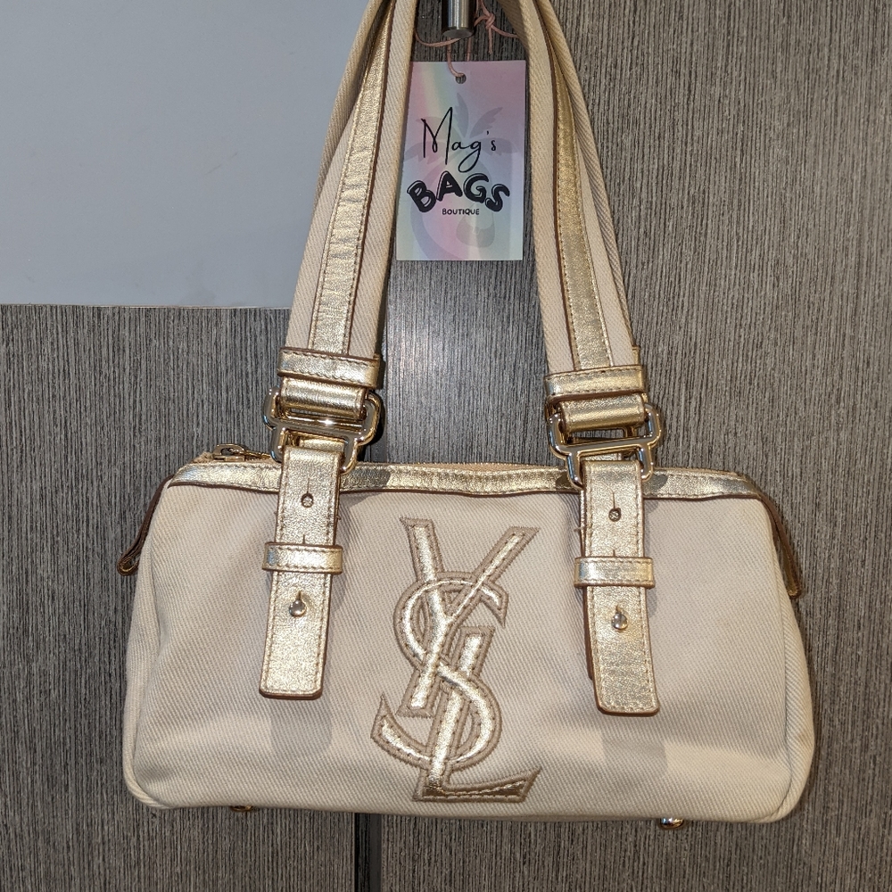 YSL: Metallic Mini Boston Kahala Canvas Leather Tote Shoulder Bag - Picture 1 of 16